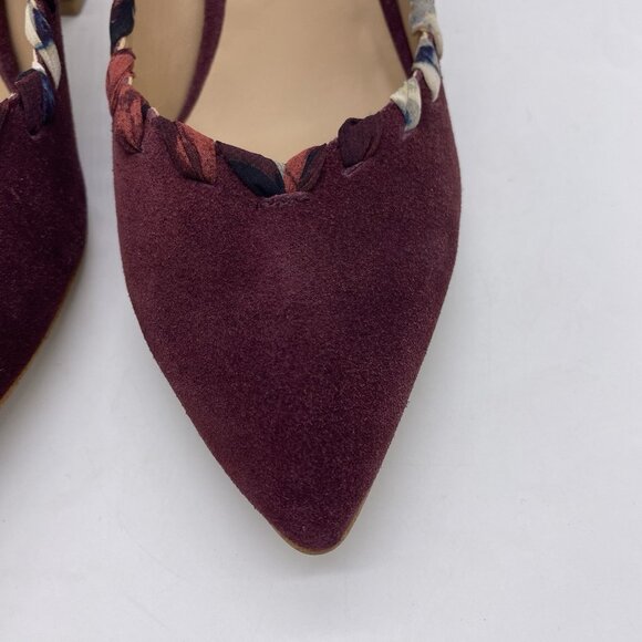 Anthropologie Pointed Toe Pumps 8M Whipstitch Braided Wood Block Heel Suede Wine - Picture 8 of 14